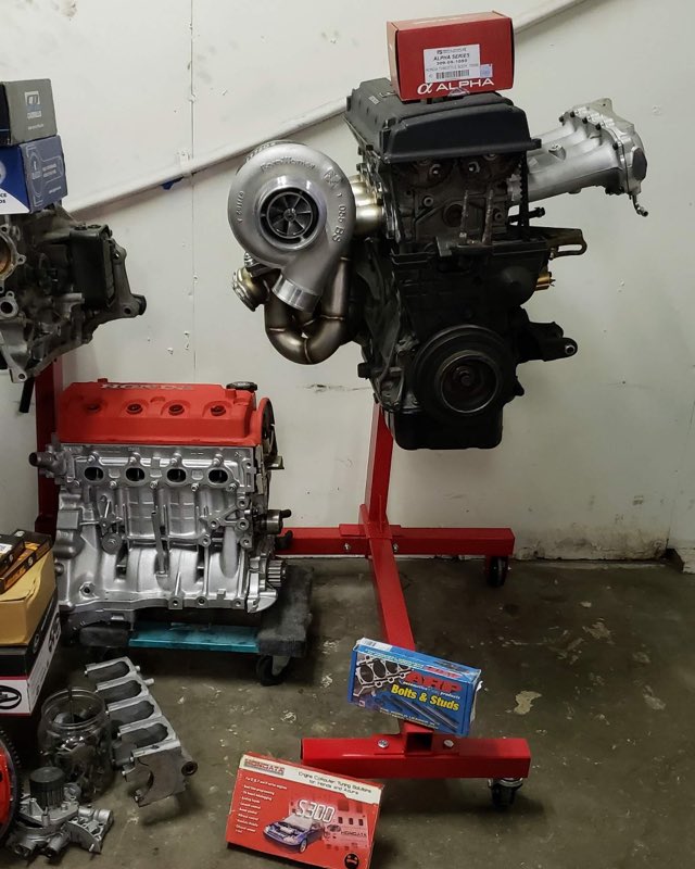 Honda engine build on the stand with a turbo fitted